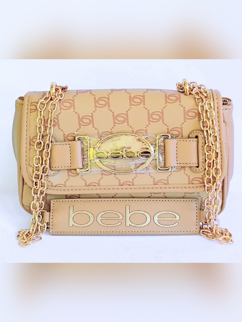 NWT Bebe Leilani Monogram Shoulder Bag Almond Tan Gold Chain Crossbody Logo
